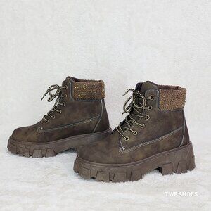 Teck Chocolate Brown Combat Ankle Work Boots With Rhinestone Cuffs New
